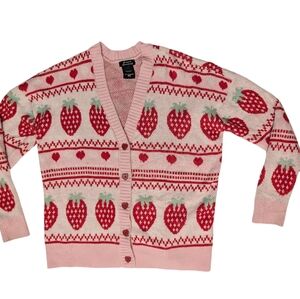 Sweet Society Hot Topic Womens Med Pink Strawberry Heart Buttons Sweater Cottage